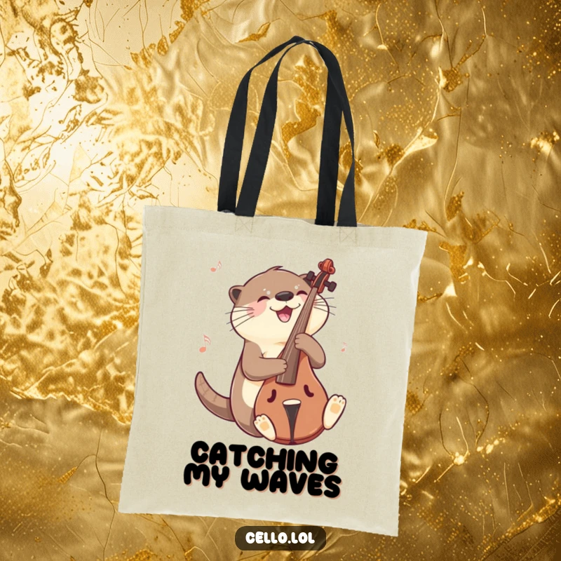 Funny otter tote bag sliding on cello with a musical gleam, a stylish and humorous accessory. Great funny gift.
