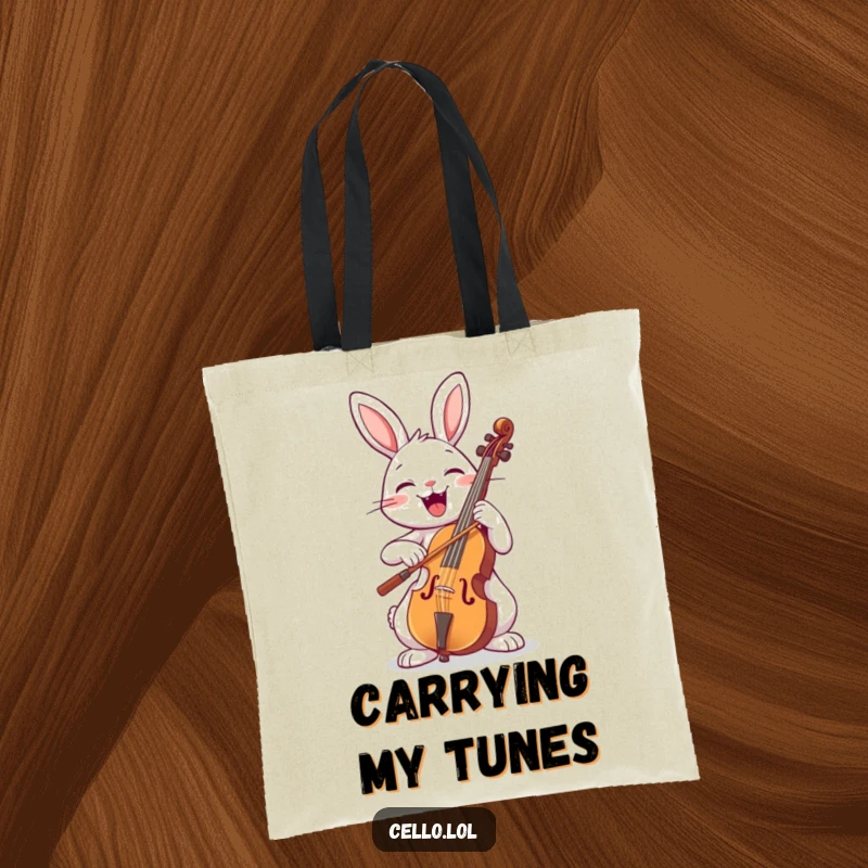 Funny rabbit bowing a cello with a wide smile, joyful expression, musical tote bag, cute animal shopper, perfect funny gift.