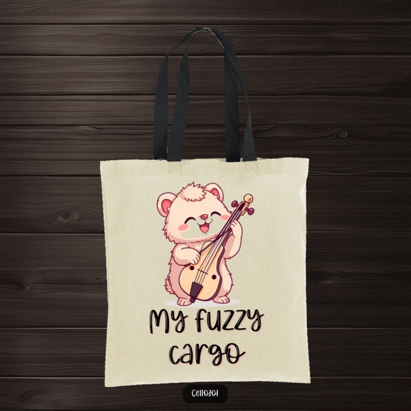 Funny tote bag with a fuzzy creature enthusiastically bowing a cello, perfect for carrying items with musical passion.