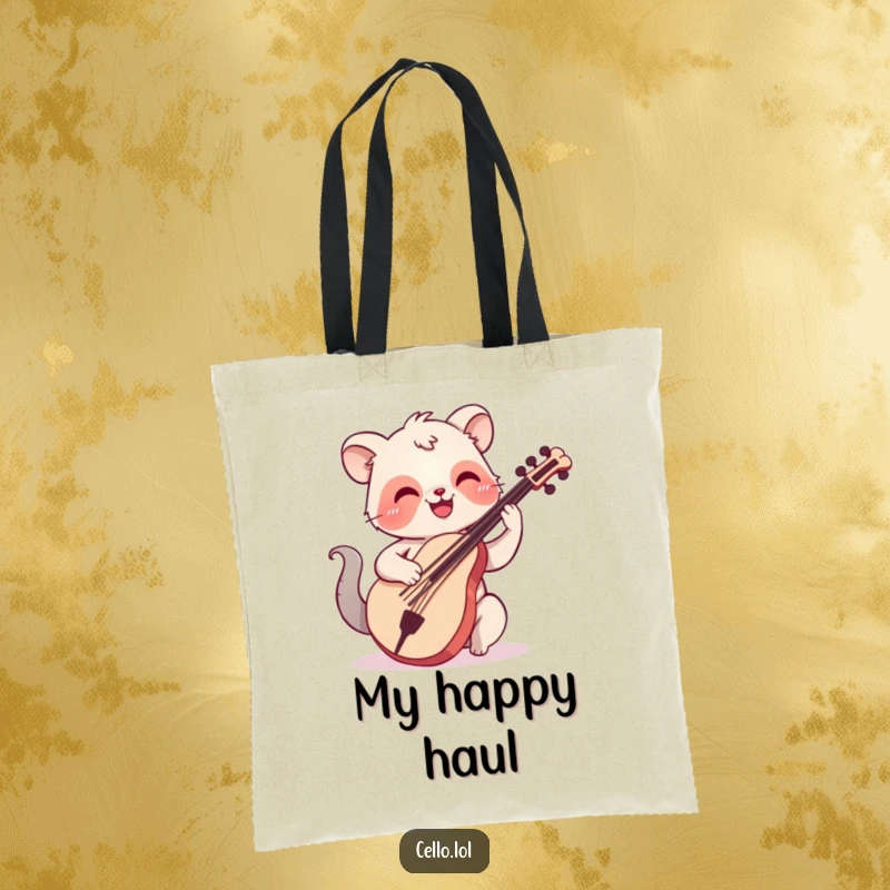 Funny tote bag with a happy animal smiling while plucking cello strings, perfect for carrying items with musical joy.