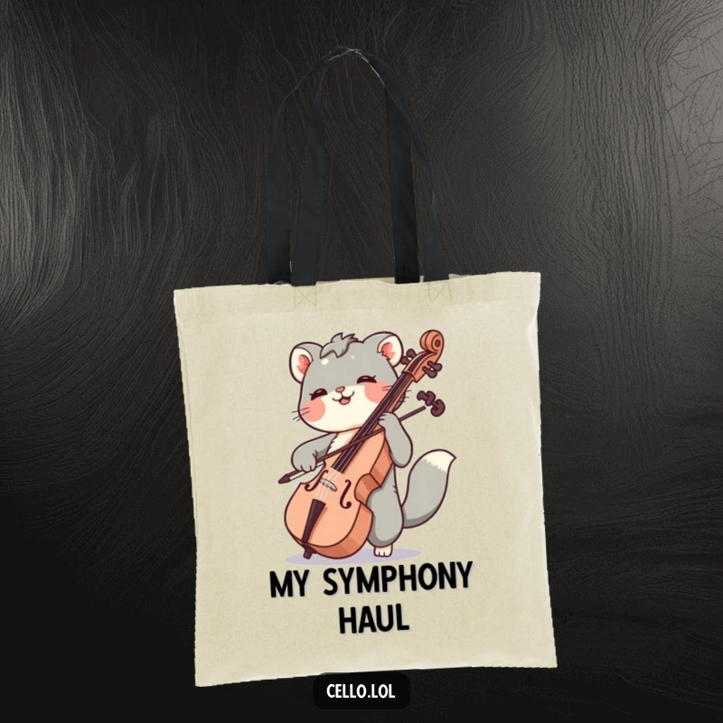 Funny tote bag featuring an animal joyfully bowing a cello, perfect for carrying music sheets or daily items with a humorous flair.